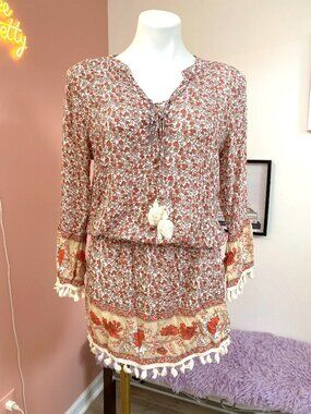 Cool Change Orange Floral Tassel Dress - Size Medium